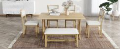 TOPMAX Farmhouse 6-Piece Trestle Dining Table Set with Upholstered Dining Chairs and Bench, 59inch, Brown