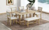 TOPMAX Farmhouse 6-Piece Trestle Dining Table Set with Upholstered Dining Chairs and Bench, 59inch, Brown